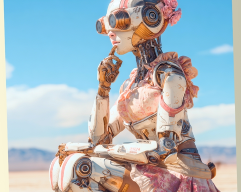A white and gold humanoid robot wearing a pink floral dress and flowers on its head, sitting in a thoughtful pose against a blue sky.