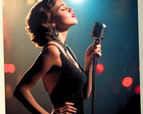 A beautiful woman singing with passion into a vintage silver microphone on a stage with bokeh lights in the background.