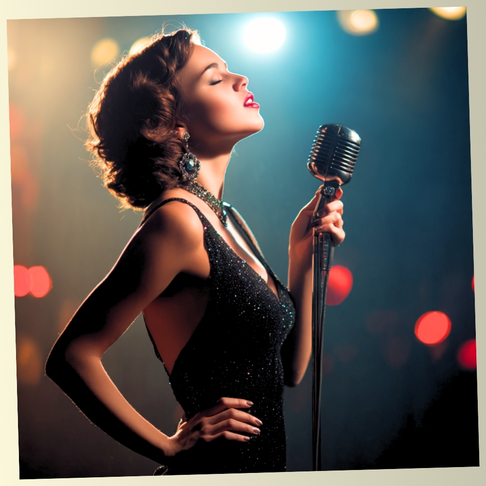 A beautiful woman singing with passion into a vintage silver microphone on a stage with bokeh lights in the background.