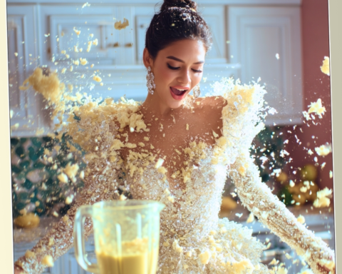 A glamorous woman in an elegant sparkling gown experiencing a dramatic kitchen explosion with food flying everywhere, symbolizing an unexpected plot twist.