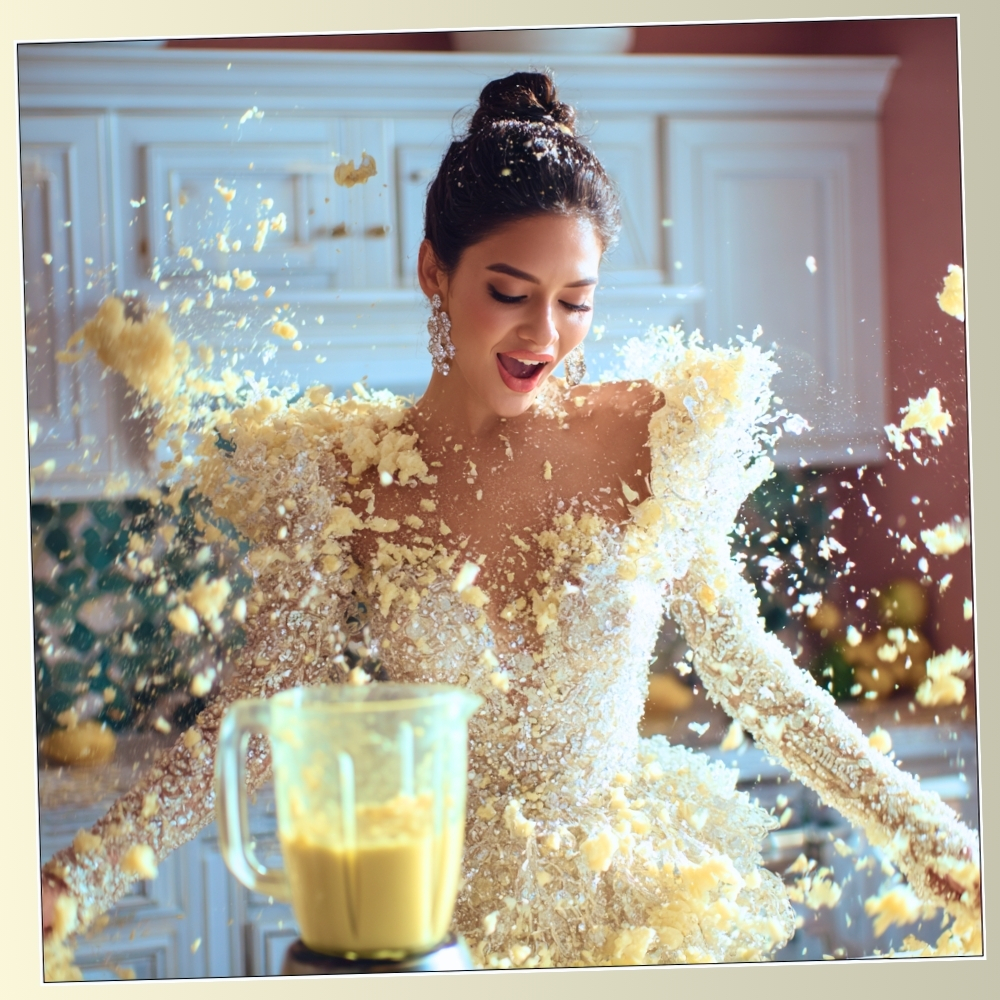 A glamorous woman in an elegant sparkling gown experiencing a dramatic kitchen explosion with food flying everywhere, symbolizing an unexpected plot twist.