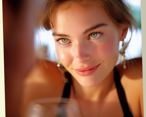 A close-up portrait of a young woman with a mysterious smile and captivating green eyes looking directly into the camera, bathed in warm, soft sunlight.