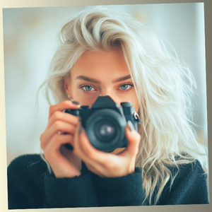 A close-up of a woman with bright blonde hair looking directly into a camera lens, capturing a focused and observant gaze.