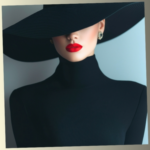 A stylish woman wearing a large black wide-brimmed hat that hides her eyes, featuring bold red lipstick.