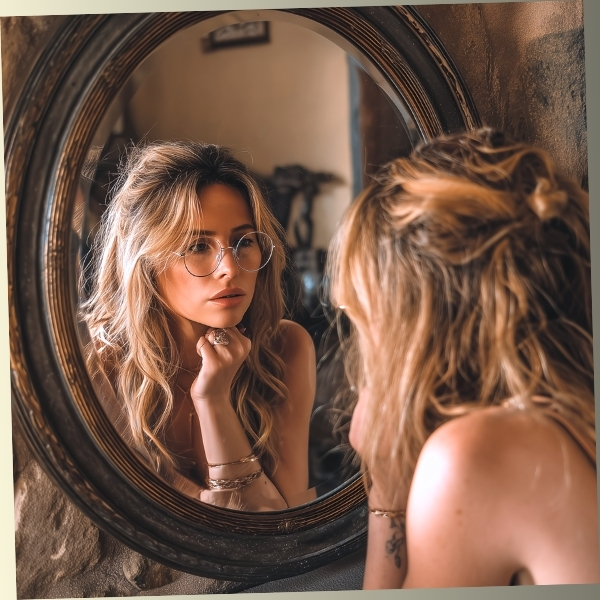 Woman rehearsing conversation in mirror