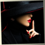 A mysterious woman wearing a wide-brimmed black felt hat, holding her index finger to her lips in a "shhh" gesture for silence.