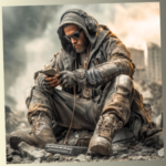 A rugged survivor wearing headphones and tactical gear sitting on urban ruins while checking a smartphone.