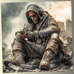 A rugged survivor wearing headphones and tactical gear sitting on urban ruins while checking a smartphone.