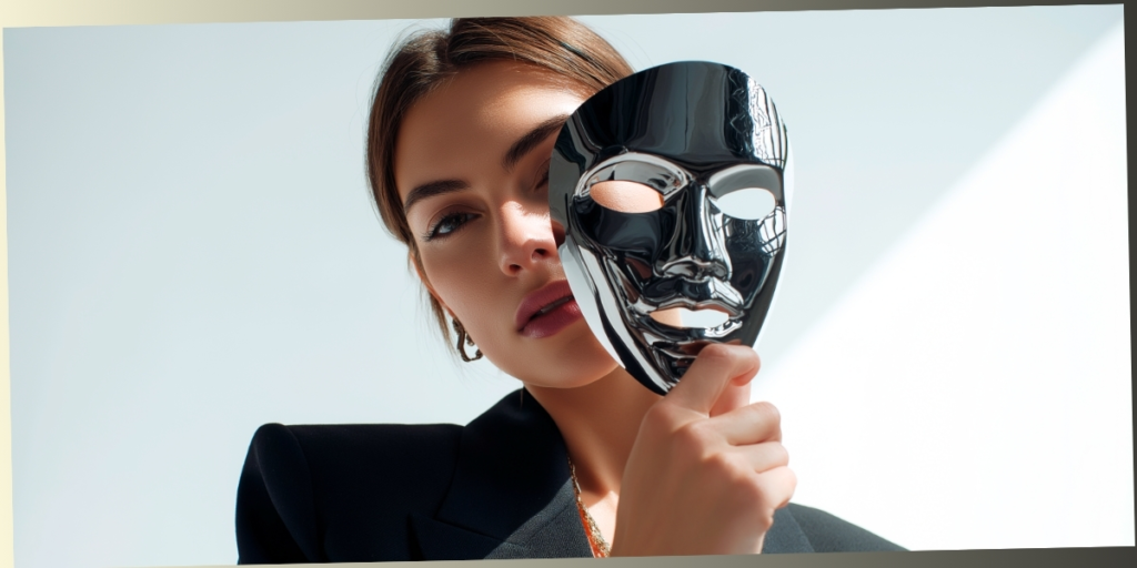 A woman in a black blazer holding a reflective chrome mask over half of her face, symbolizing the hidden roles and personas we project to the world.