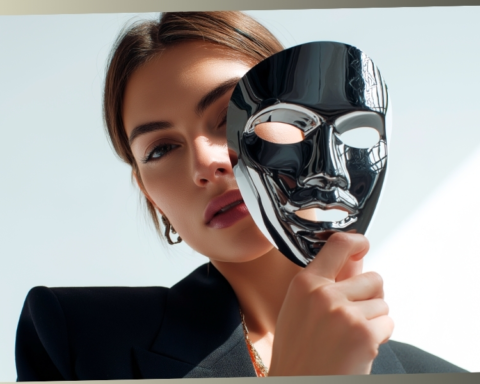 A woman in a black blazer holding a reflective chrome mask over half of her face, symbolizing the hidden roles and personas we project to the world.