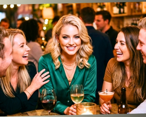 A blonde woman in a green blouse smiling mysteriously at the camera while surrounded by a group of laughing friends at a bar, capturing a moment of private amusement.
