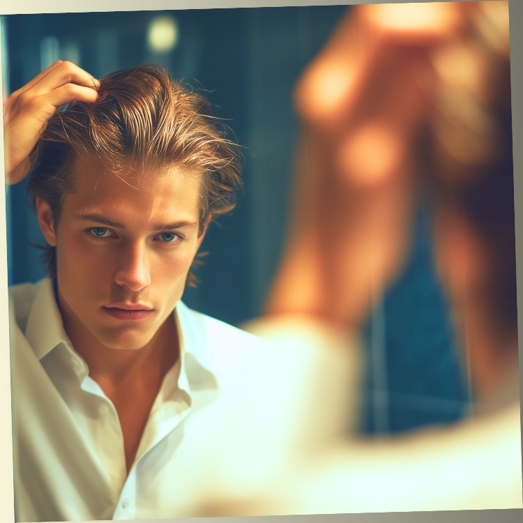 Man adjusting hair in mirror reflection