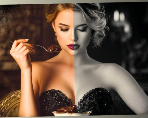 A woman divided down the center into a warm color side and a black-and-white side, holding a spoon of dessert, representing the duality of identity.