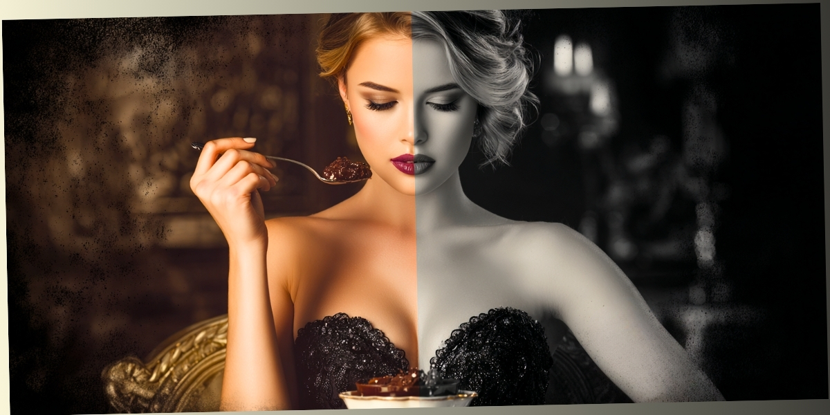 A woman divided down the center into a warm color side and a black-and-white side, holding a spoon of dessert, representing the duality of identity.