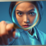 A woman in a blue blazer looking intensely through a magnifying glass and pointing toward the camera against a blue background.