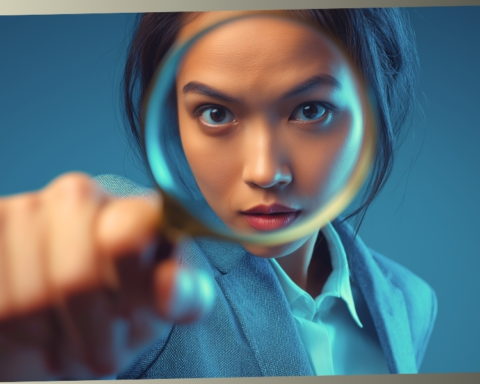 A woman in a blue blazer looking intensely through a magnifying glass and pointing toward the camera against a blue background.