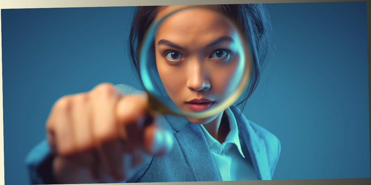 A woman in a blue blazer looking intensely through a magnifying glass and pointing toward the camera against a blue background.