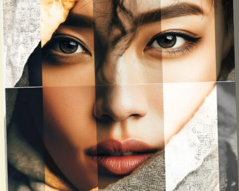 An artistic collage of a female face merged together, symbolizing hidden identities and the reality glitch personality test.