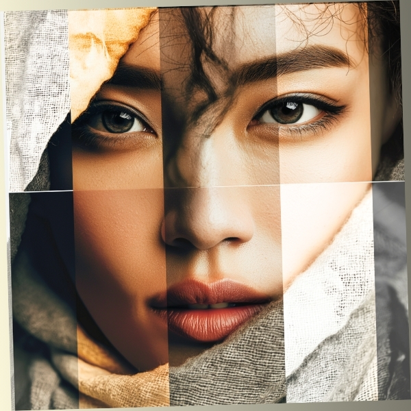 An artistic collage of a female face merged together, symbolizing hidden identities and the reality glitch personality test.
