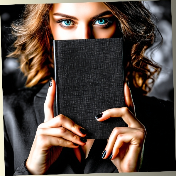 Woman hiding face behind black book representing mystery and hidden personality